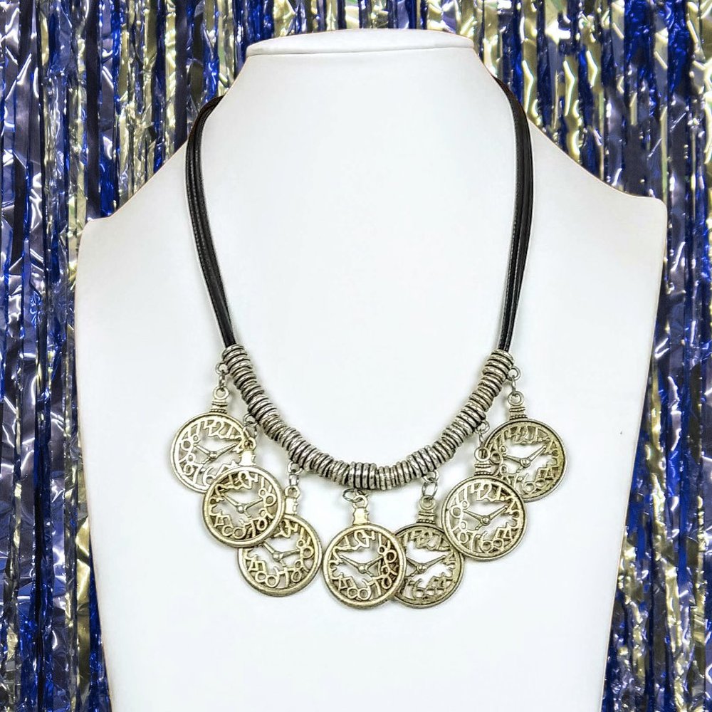 Antique Gold Finish "CLOCK" Leather Cords Collar Statement Necklace